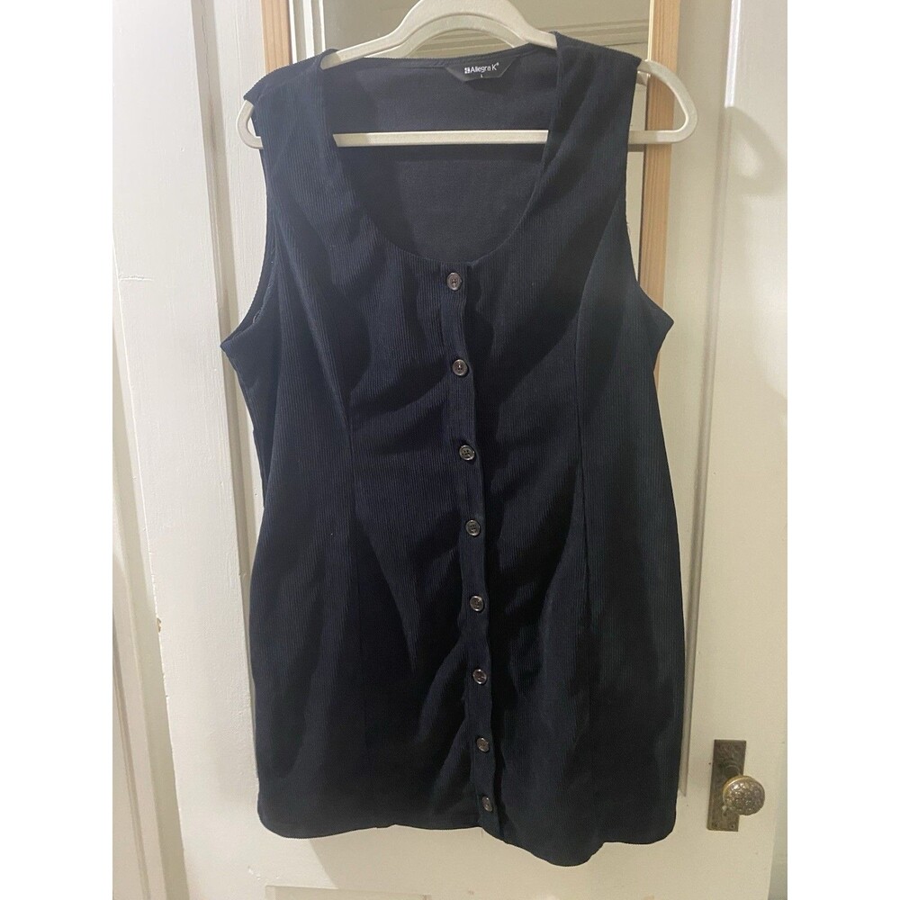 Allegra K Black Corduroy Y2K Pinafore Dress Sleeveless Button Front Jumper L
